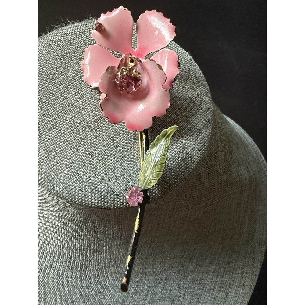 Vintage 1940s Francois Orchid Flower Pin Brooch Large Pink Enamel Rhinestone